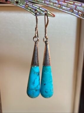 Native American Sterling Silver Genuine Turquoise Drop Earrings Vintage